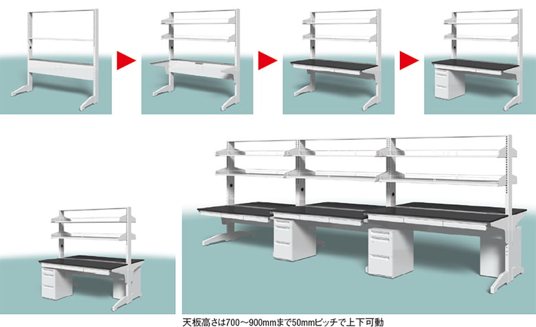 天板の高さは700mm～900mmまで50mmビッチで上下可動